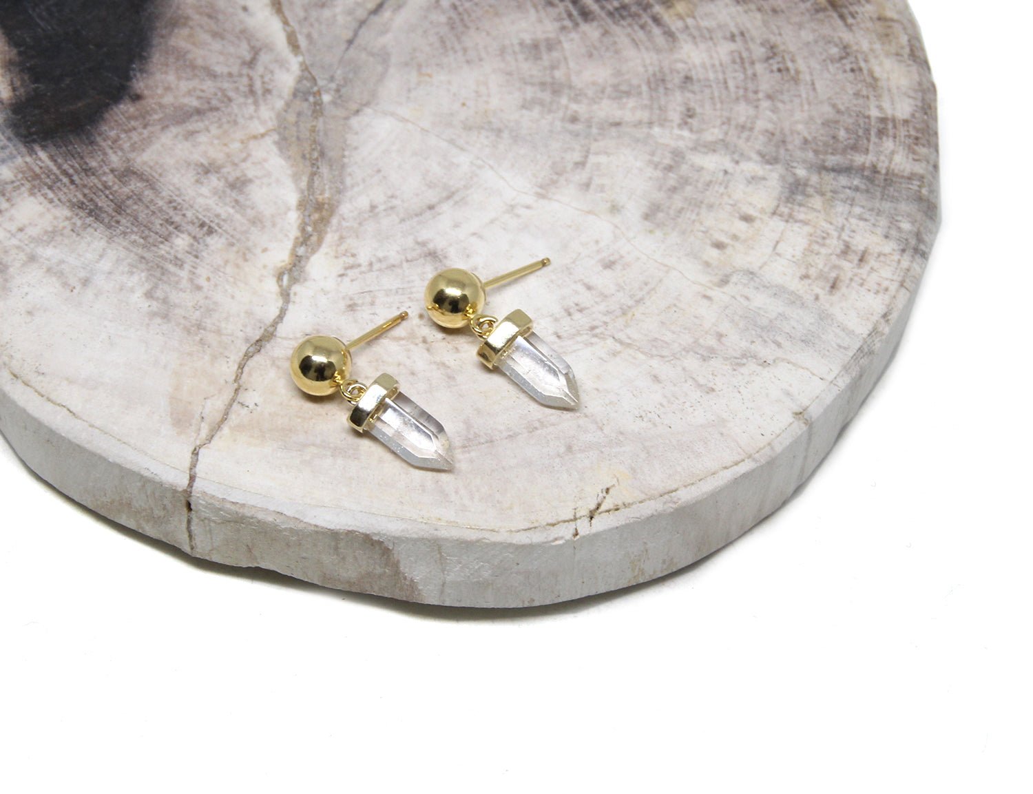 Quartz stone gold sphere earrings . Shop all our stones jewelry made in Brooklyn New York by llayers.