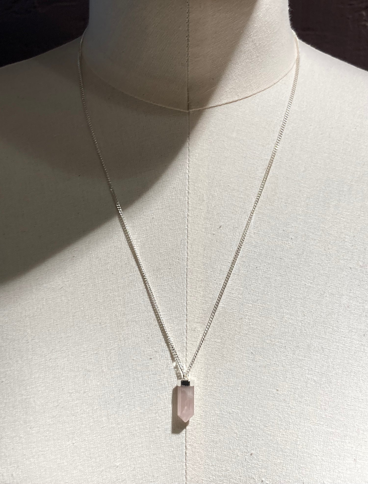 Silver Rose quartz point pendant necklace. Charms and healing crystal stones jewelry, made in Brooklyn New York by llayers.