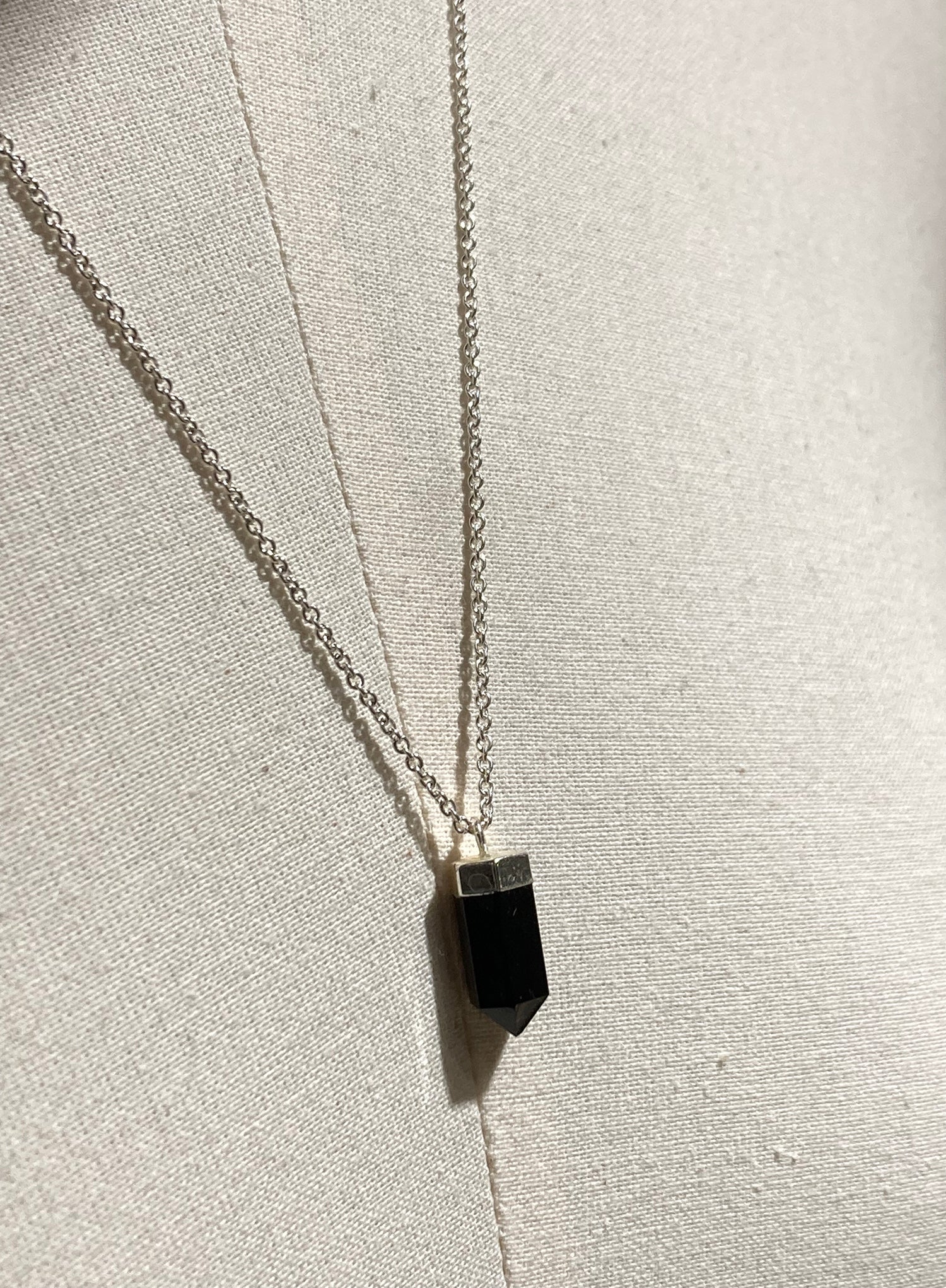 Black agate onyx pendant silver necklace. Charms and healing crystal stones jewelry, made in Brooklyn New York by llayers.