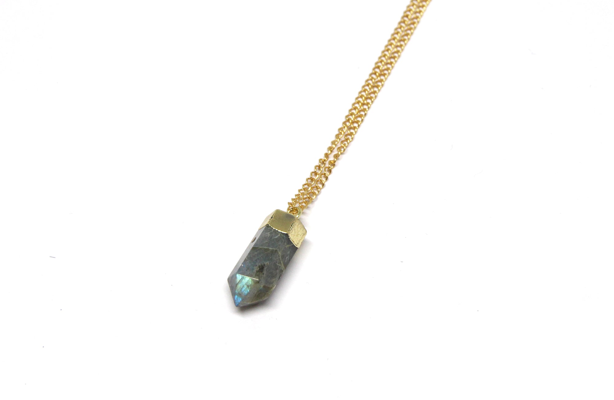 Gold Labradorite point pendant necklace. Charms and healing crystal stones jewelry, made in Brooklyn New York by llayers.