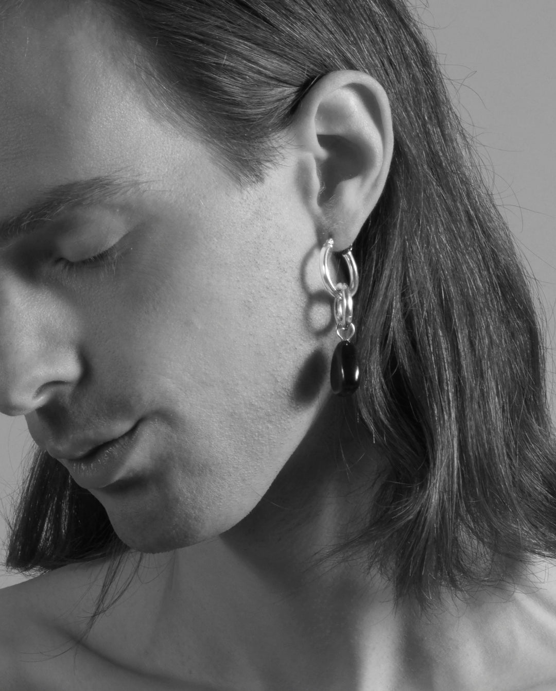 llayers minimal Silver men stone hoops earrings Made in Brooklyn New York