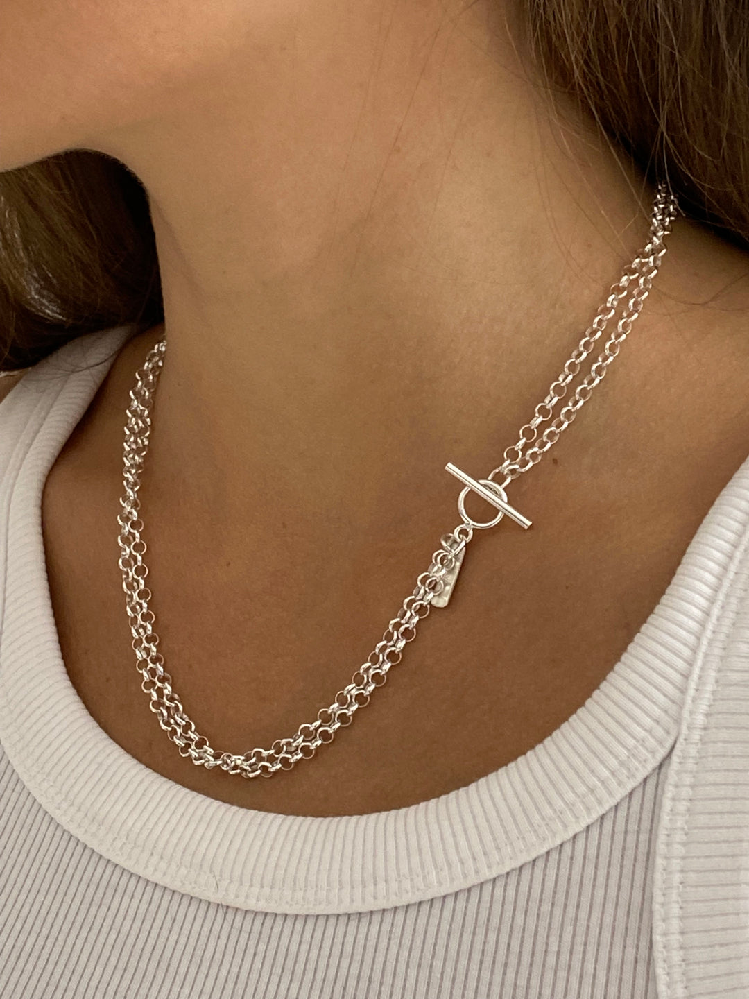 Women unisex silver double chain chic necklace - Made In Brookyn New York
