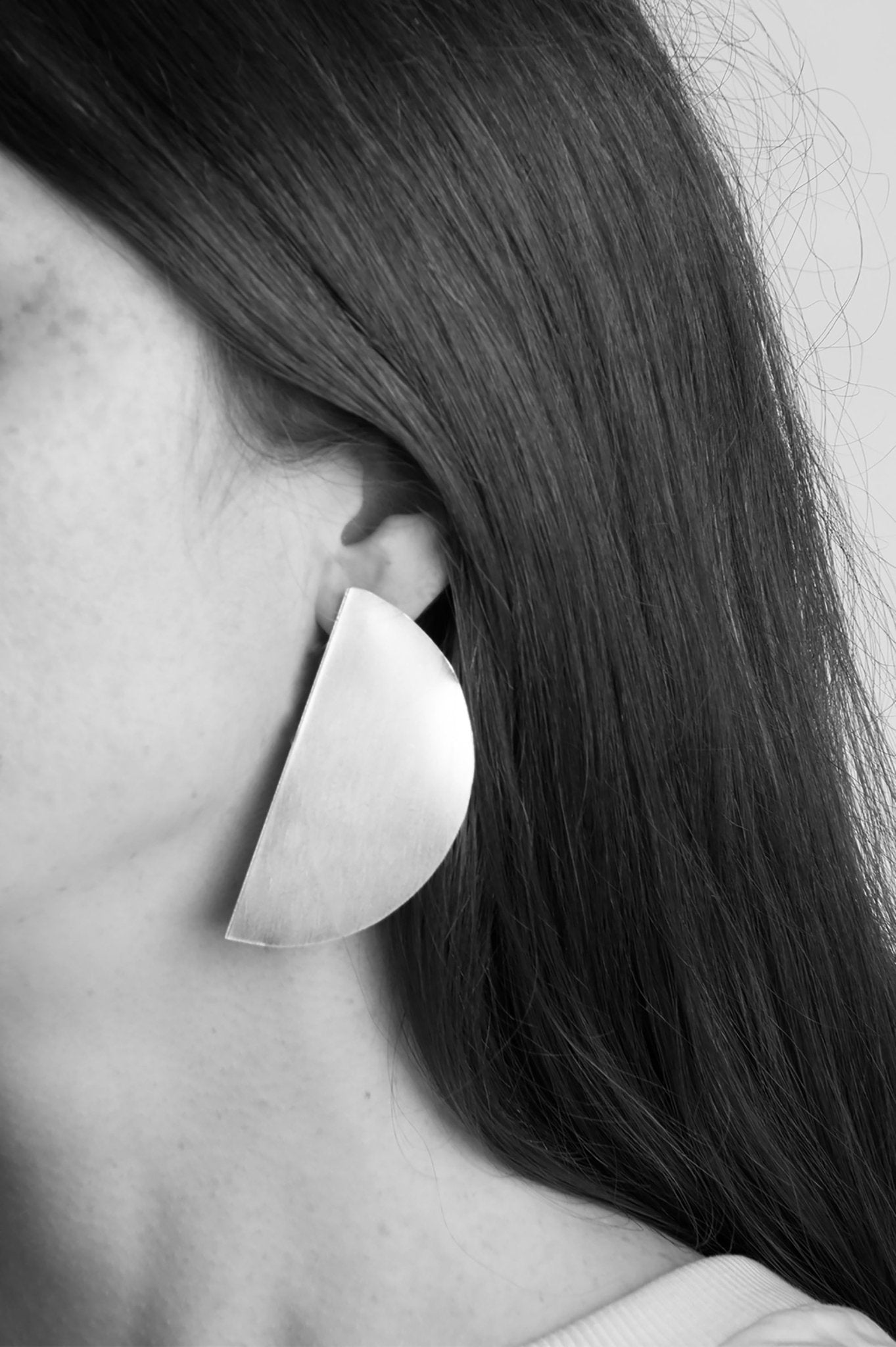 statement oversize earrings silver quarter+ moon handmade by llayers in Brooklyn New york