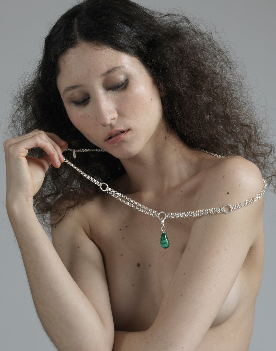 llayers jewelry Silver women long chain necklace choker malachite handcrafted in New York