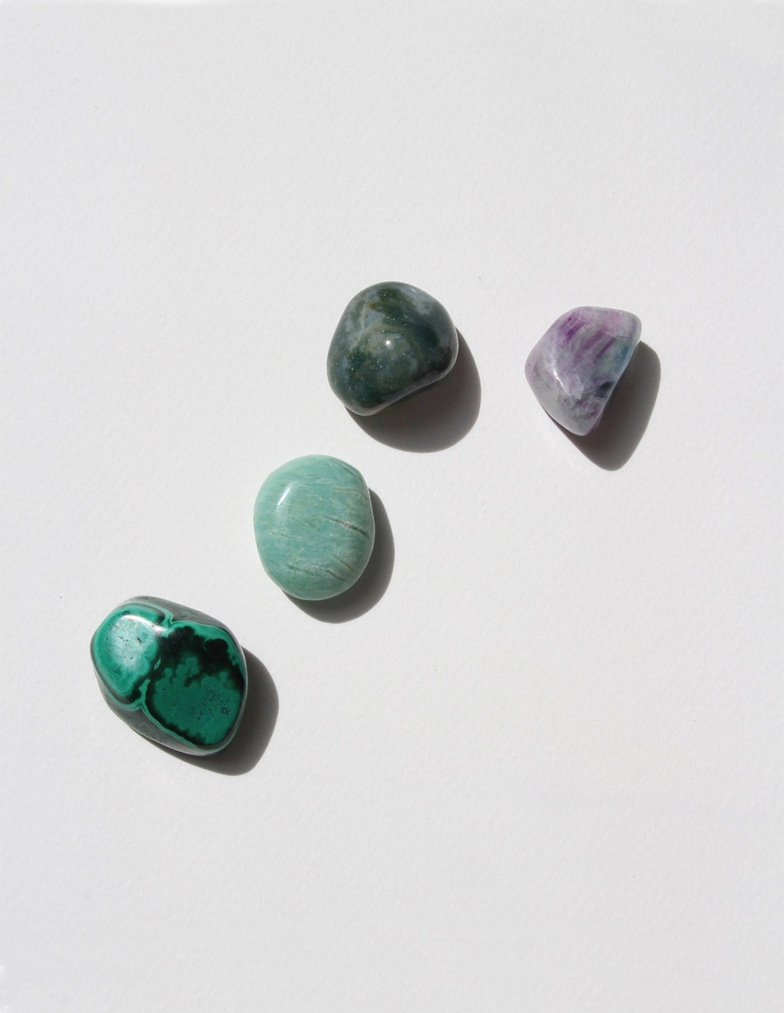 Crystals healing stones luck abundance set box in New York. Including Amazonite, Moss Agate, Fluorite, Malachite stones.