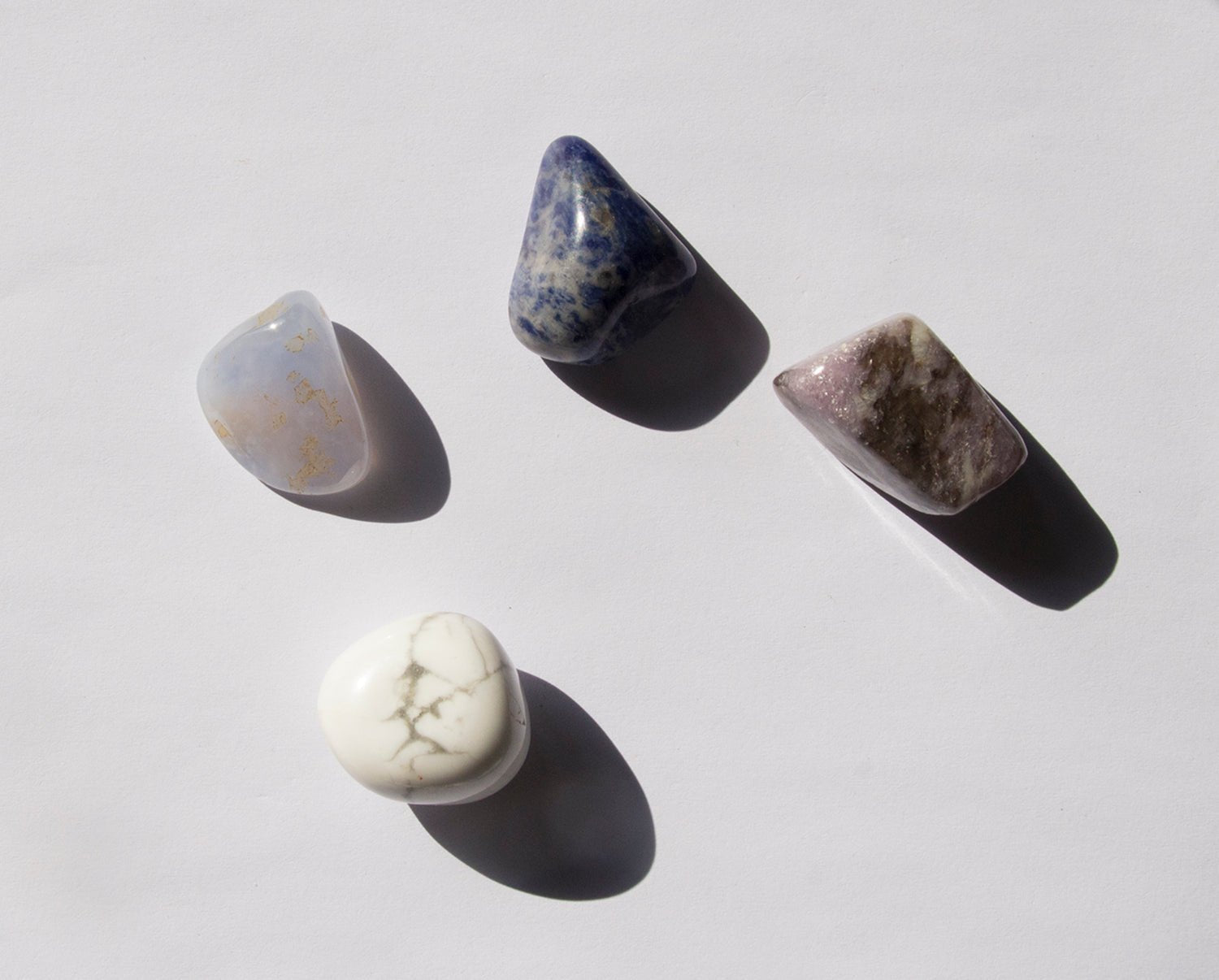 no stress wellness healing crystals box lithotherapy howlite sodalite blue chalcedony lepidolite Brooklyn New York by llayers