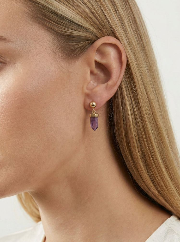 Amethyst stone gold earrings. Minimalist modern jewelry handcrafted in Brooklyn by designer llayers.