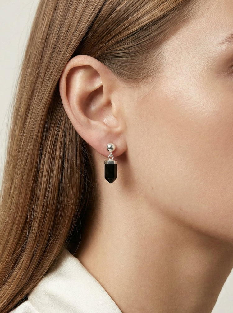 Black Agate stone earrings on a silver sphere. Minimal jewelry in the Us, New York by llayers.