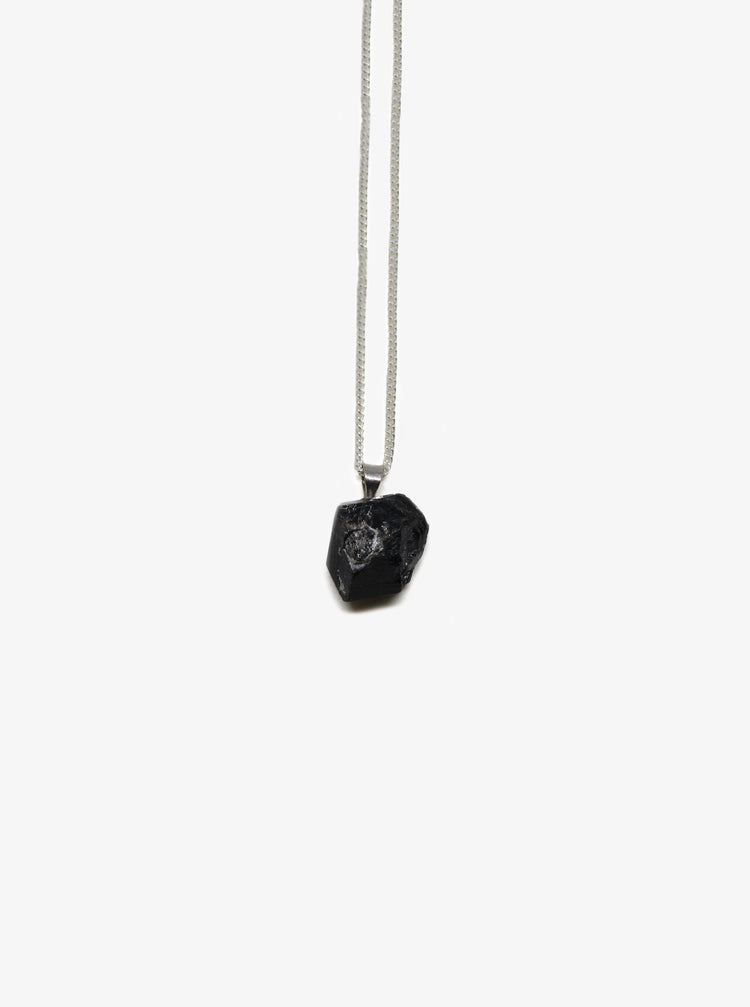 Black Tourmaline healing stone pendant silver chain necklace Brooklyn New York by minimalist designer llayers