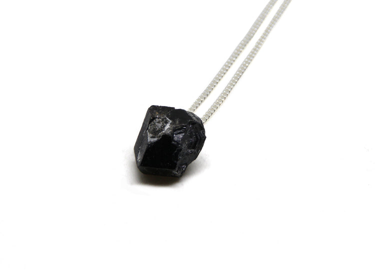 Black Tourmaline stone pendant silver chain necklace Brooklyn New York by minimalist designer llayers