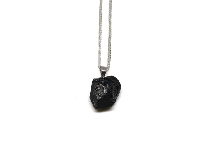 Black Tourmaline stone pendant silver chain necklace Brooklyn New York by minimalist designer llayers