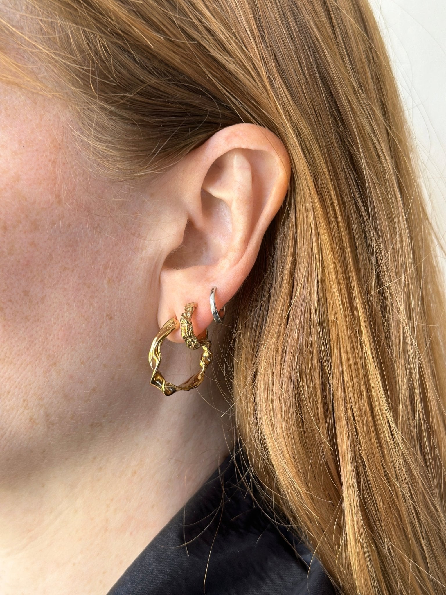 Gold hoop earrings essence. Best affordable minimalist jewelry made in Brooklyn New York by llayers.