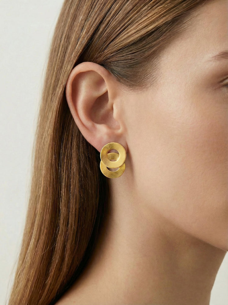 Geometric circle gold modern earrings. Modern minimalist timeless jewelry made in Brooklyn New York by llayers.