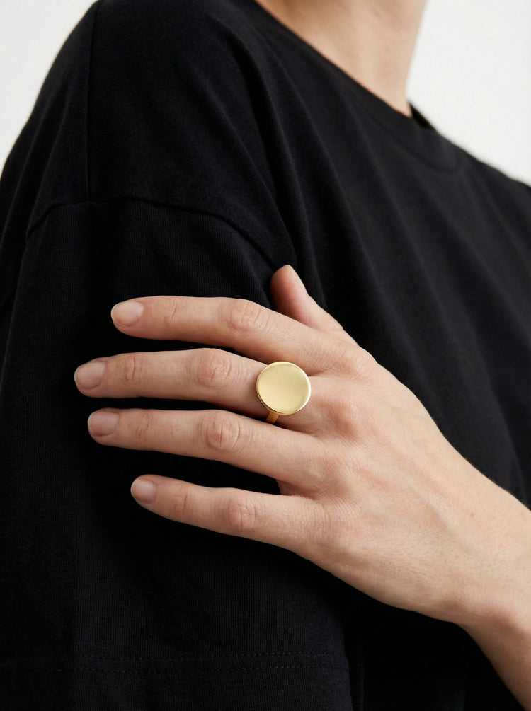 Gold round signet ring. Modern handmade jewelry made in Brooklyn New York by llayers.
