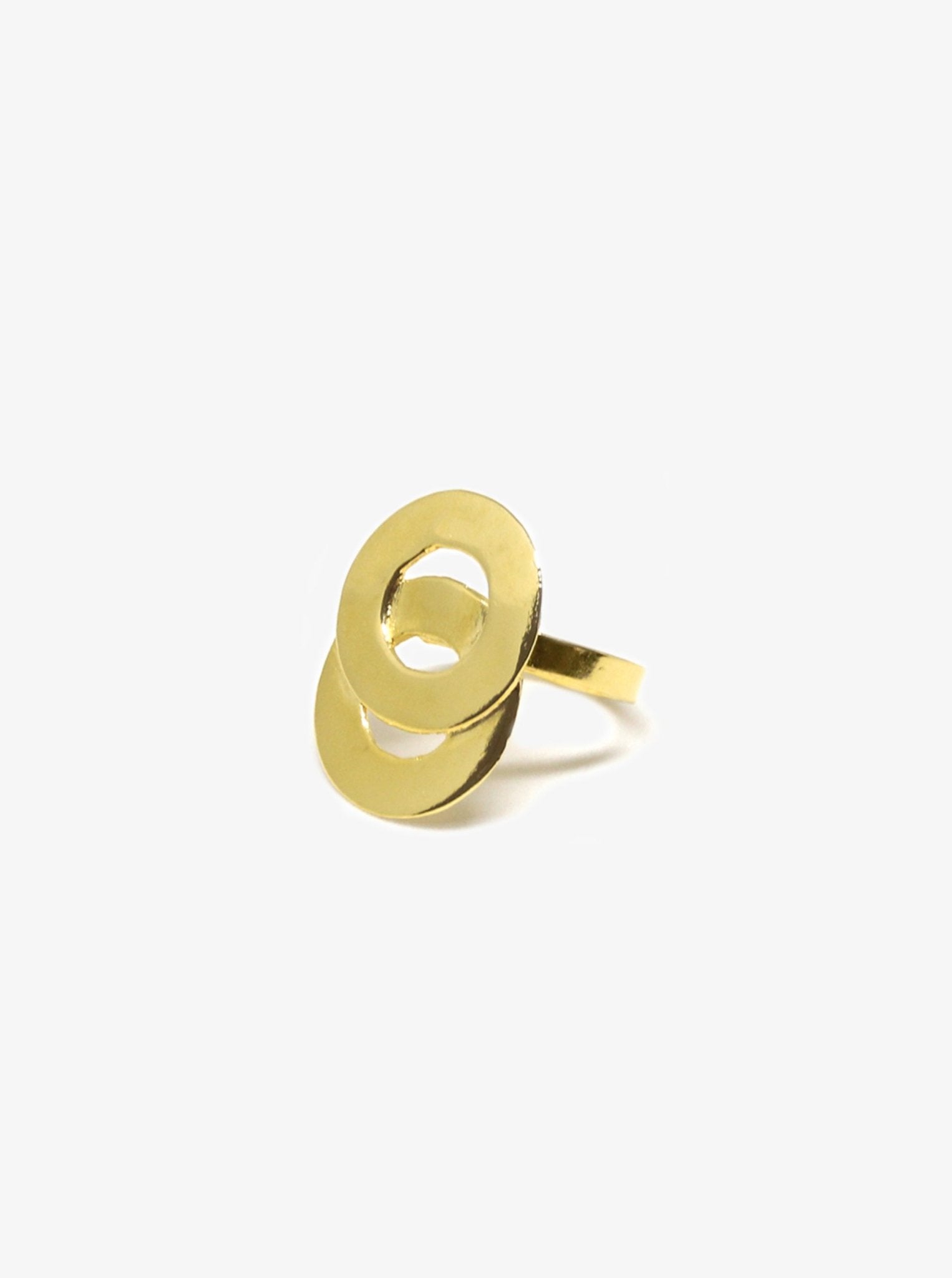 Gold infinity ring with interlaced symbol circles. Modern jewelry handcrafted in Brooklyn New York by designer llayers.