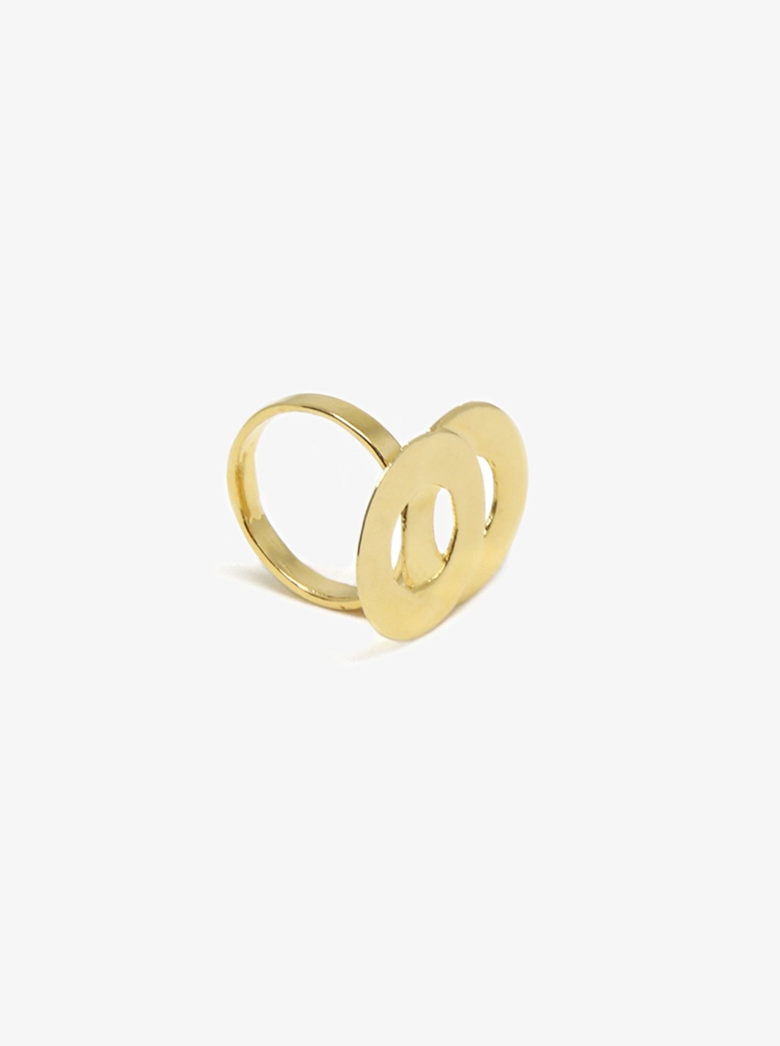 Gold ring two interlaced infinity symbol circles. Minimalist jewelry handcrafted in Brooklyn New York by designer llayers.