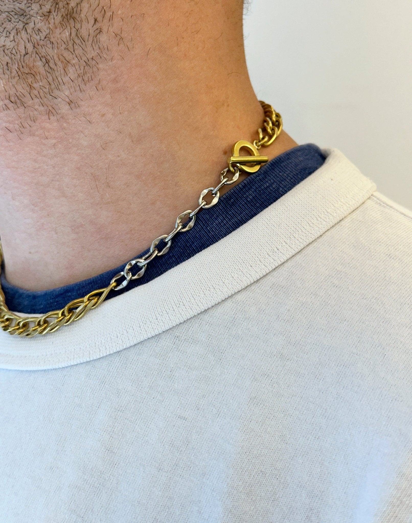 Men Gold and silver link chain figaro necklace. Made in New York Brooklyn New York by llayers.