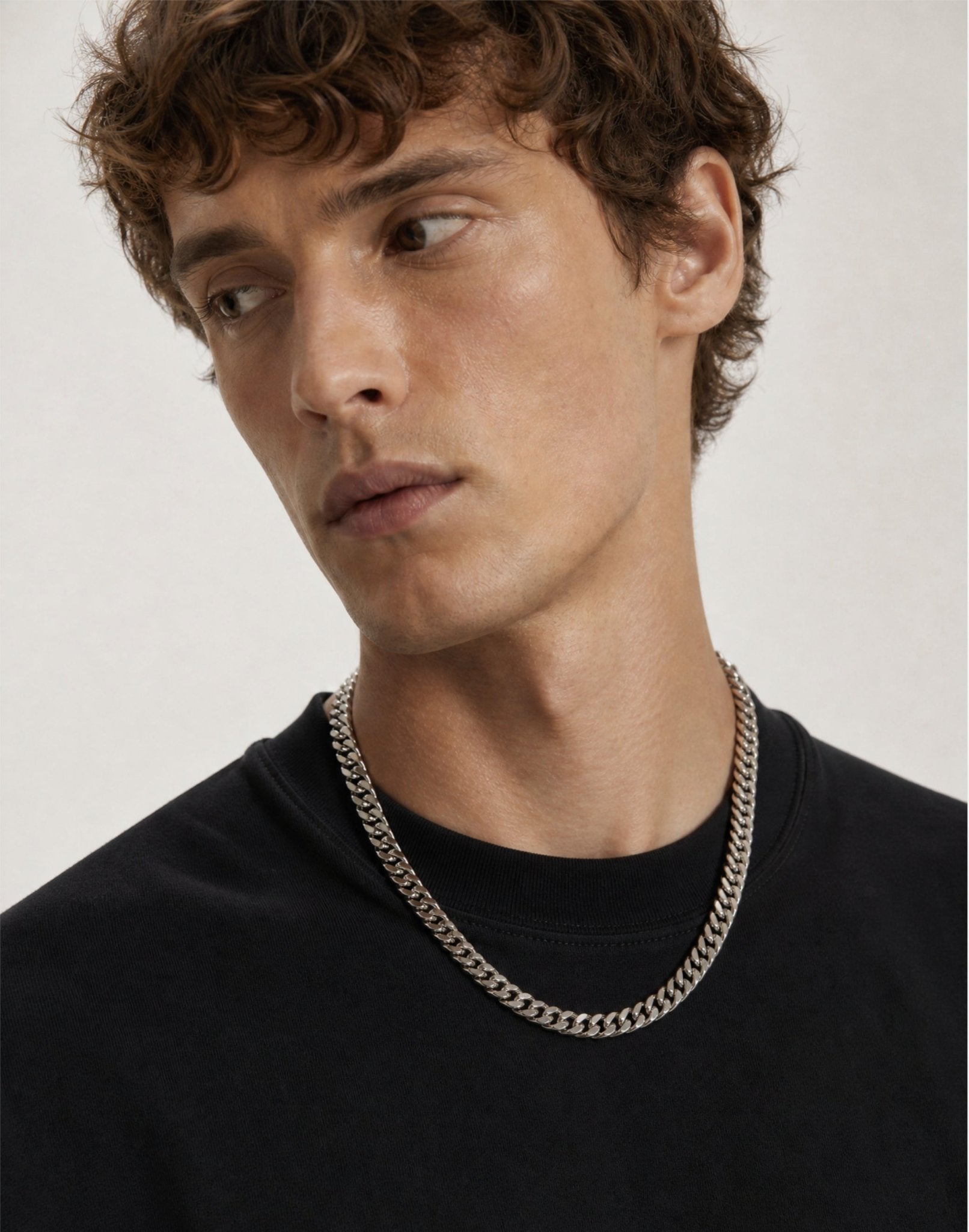 Men's Silver curb chain necklace in stainless steel jewelry handmade in New York Brooklyn by llayers.