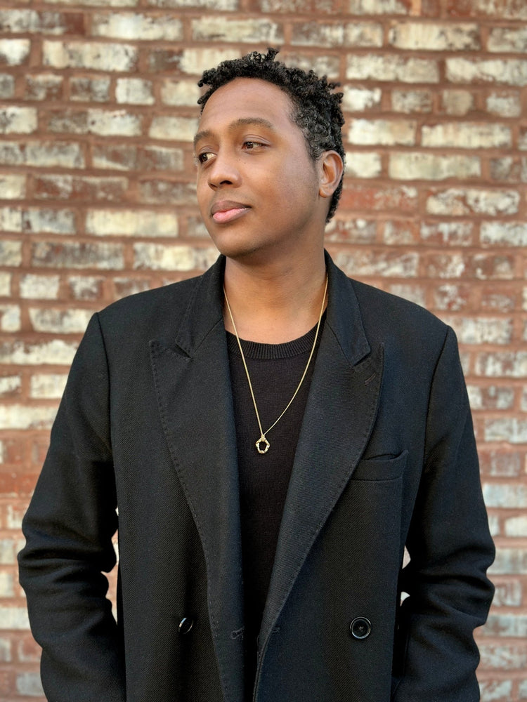 Men's minimalist Gold brass modern pendant necklace. Jewelry made in Brooklyn New York by designer llayers.