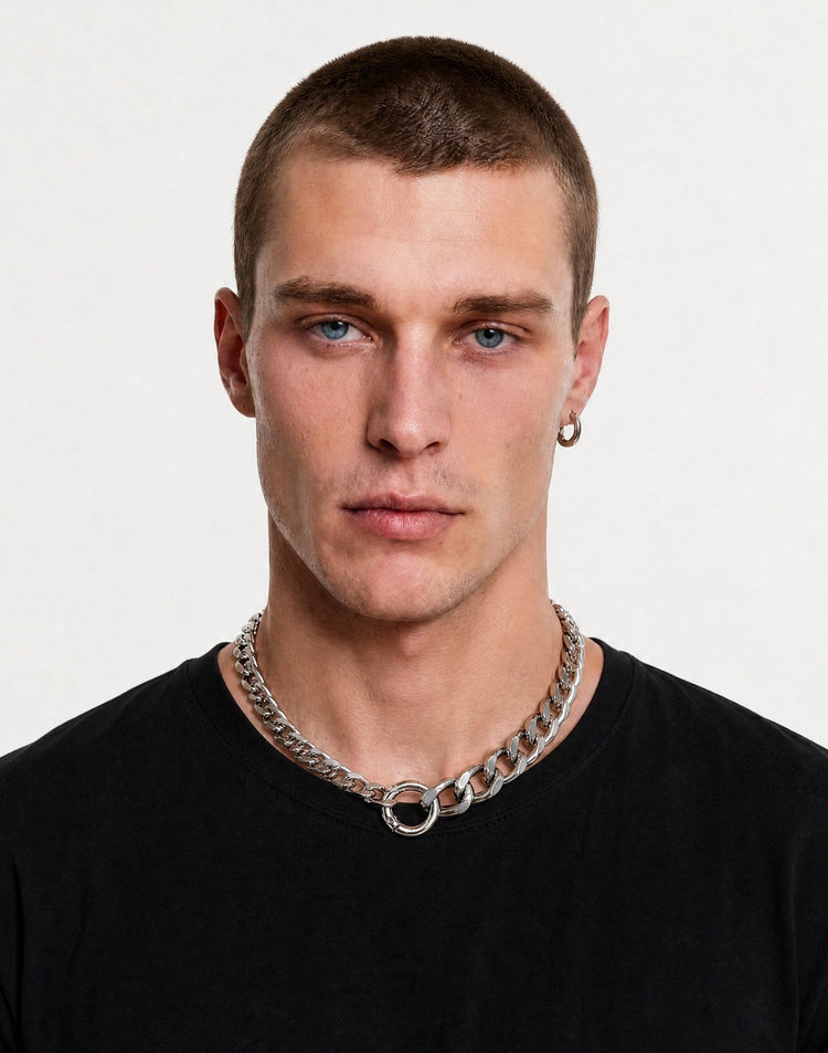 Men's silver choker chain necklace in stainless steel in Brooklyn New York by llayers. 