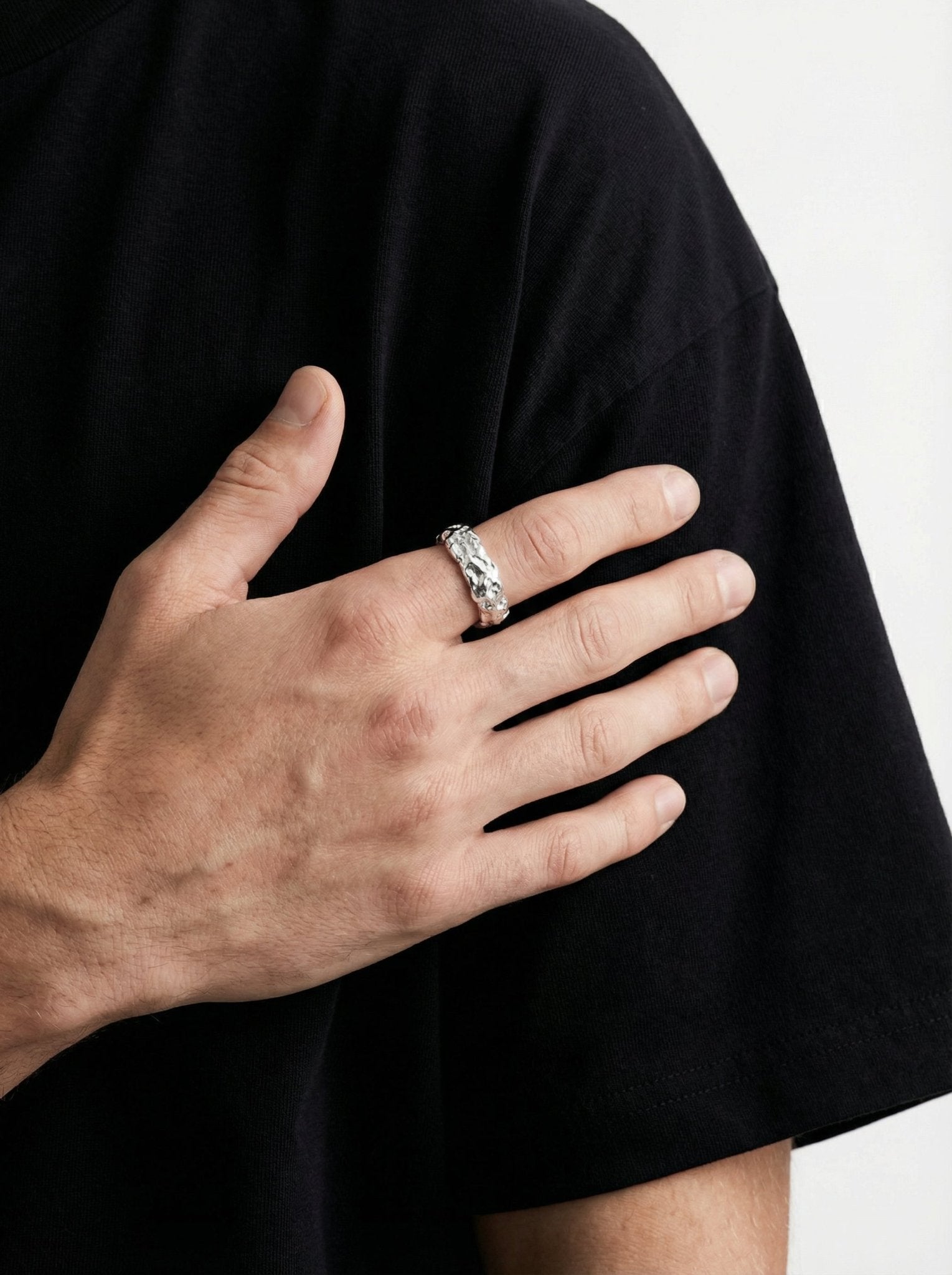 Men's Sterling silver textured ring band. Modern minimalist jewelry made in Brooklyn New York llayers.