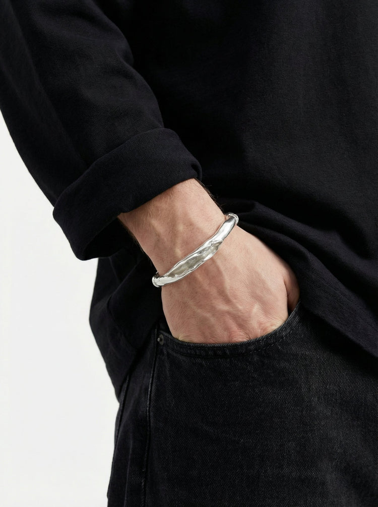 Men's Silver cuff bracelet. Men's jewelry in Brooklyn New York. Weave bracelet.