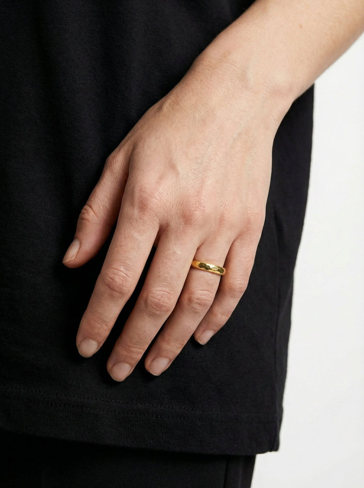 Women's minimal gold hammered round ring. Minimalist engagement rings in Brooklyn New York by designer llayers.