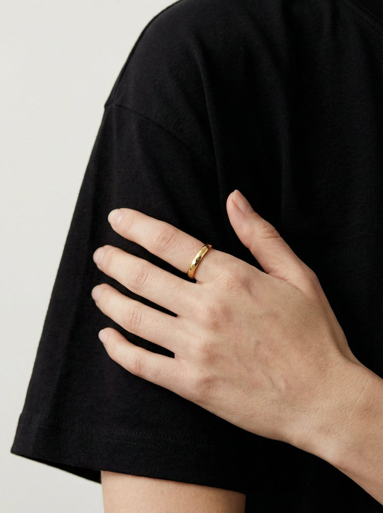 Men's Minimalist gold hammered round ring. Minimalist engagement rings in Brooklyn New York by llayers.