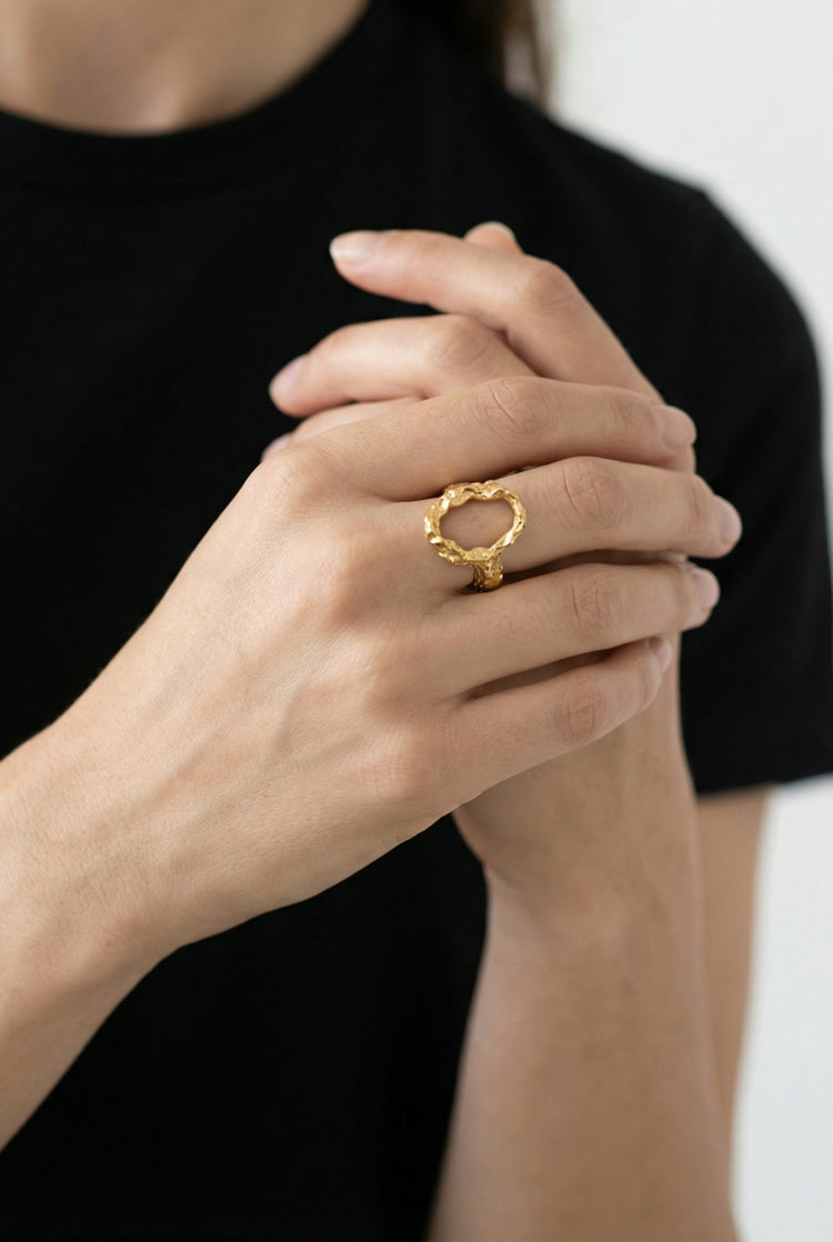 Modern Gold textured ring Luna. Modern minimalist jewelry made in Brooklyn New York by llayers.