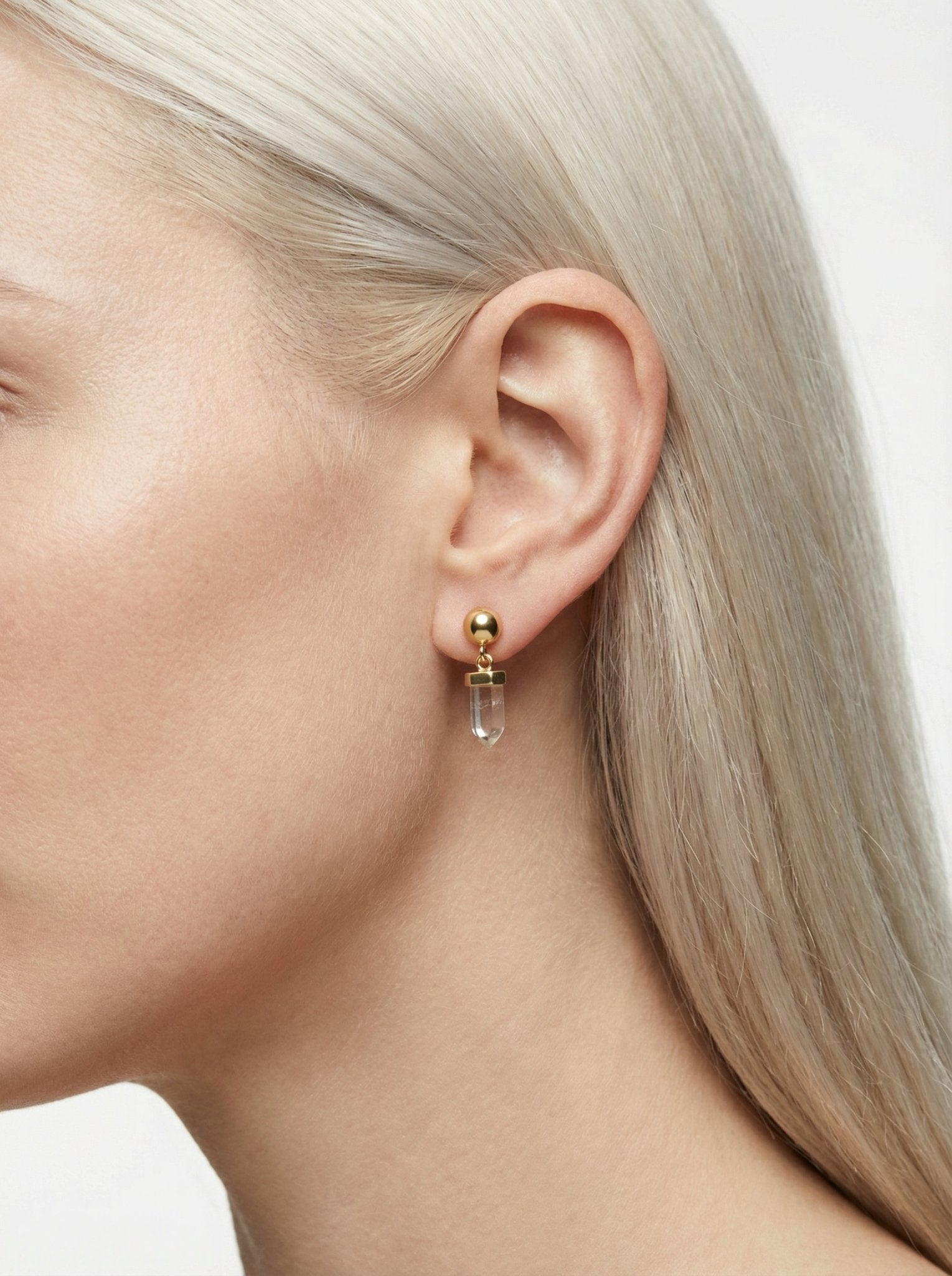 Gold quartz stone gold sphere earrings . Minimalist stones jewelry made in Brooklyn New York by llayers.