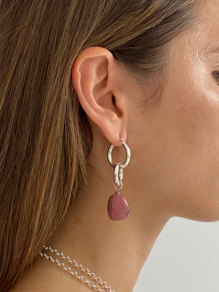 Silver earrings with Rhodonite stone in Brooklyn New York designer jewelry by llayers men women Swing