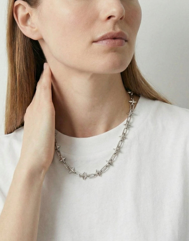Small silver spike chain necklace. Minimal men's women's jewelry in Brooklyn, New York by llayers.