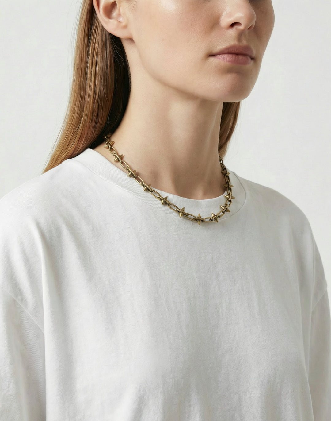 Women's small spike gold brass chain necklace. Modern unisex jewelry handmade New York Brooklyn by llayers.