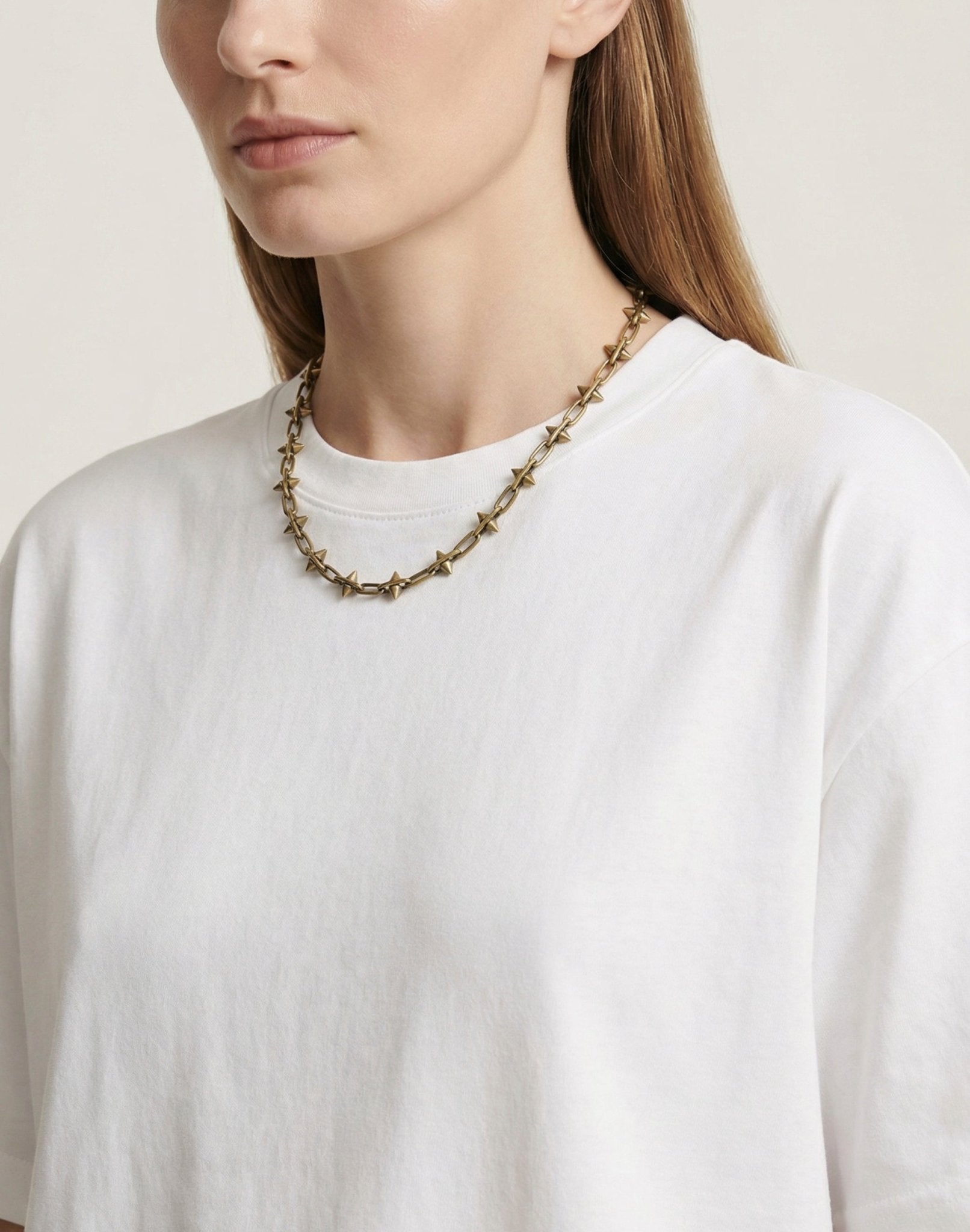 Small spike gold brass chain necklace. Modern unisex jewelry handmade New York Brooklyn by llayers.