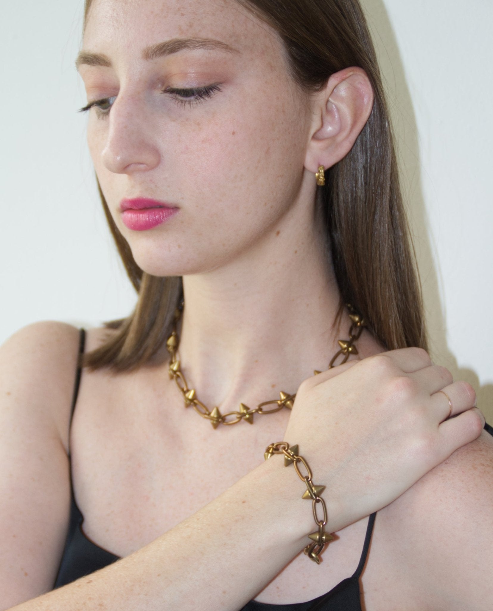 Women's gold  spike brass chain bracelet  necklace 