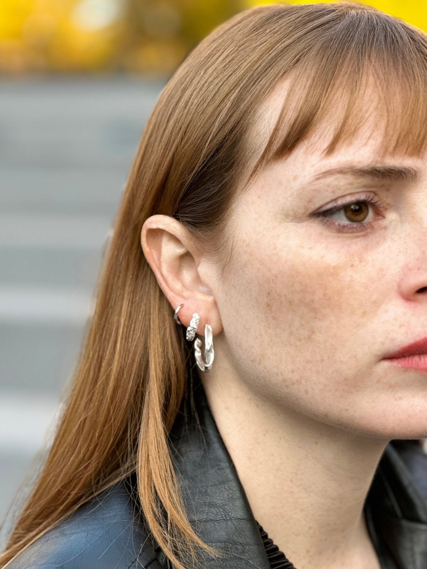 Sterling silver hoop earrings granite. Emerging designer. Minimalist jewelry made in Brooklyn New York by llayers.