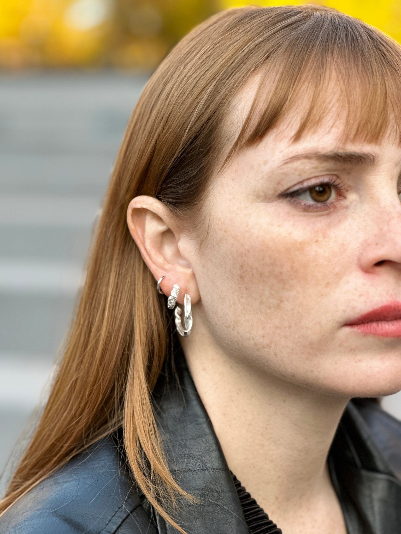 Sterling silver hoop earrings granite. Emerging designer. Minimalist jewelry made in Brooklyn New York by llayers.