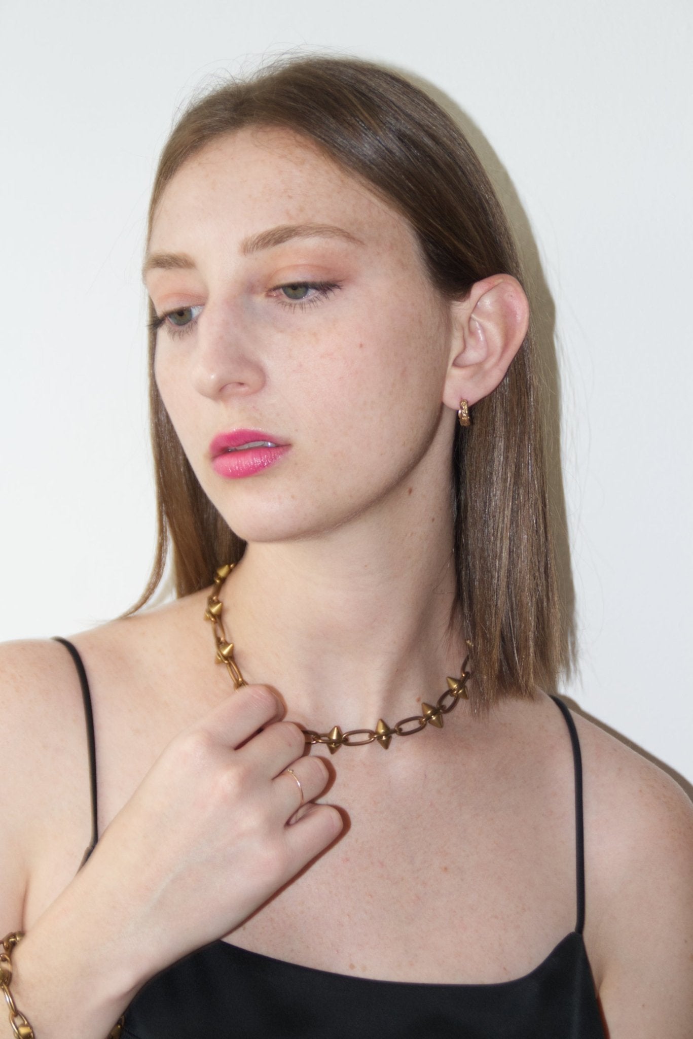 Women's gold  spike brass chain necklace. Modern unisex jewelry handmade New York Brooklyn by llayers.