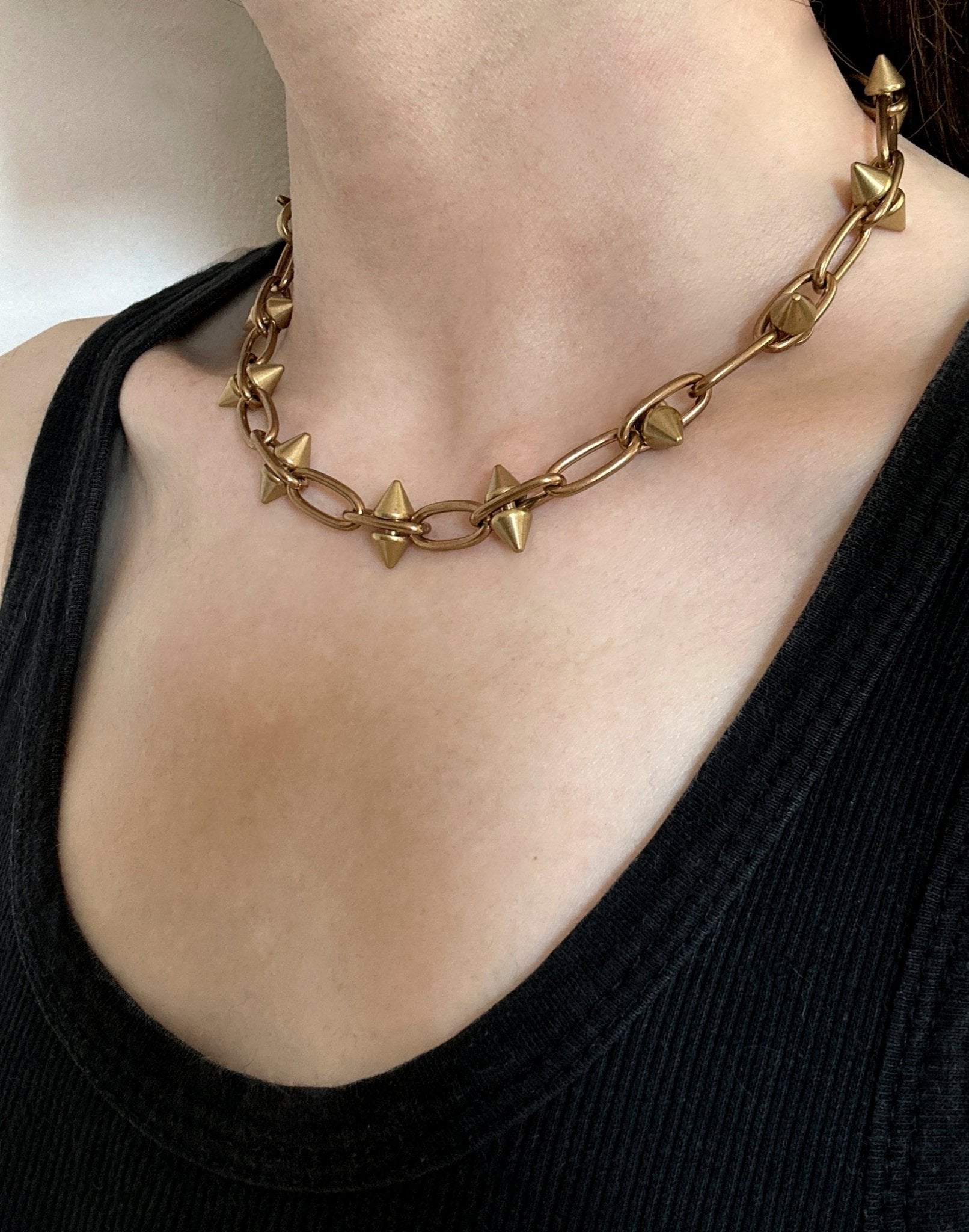 Women spike gold brass chain necklace unisex jewelry handmade New York Brooklyn by llayers 