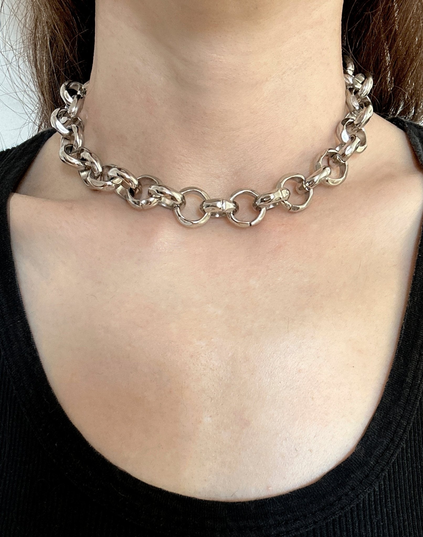 Chunky silver round link silver chain necklace infinity stainless steel jewelry made in Brooklyn New York by llayers