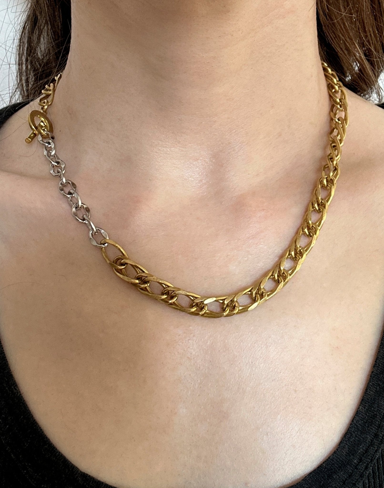 Women two tone link chain figaro necklace gold and silver for men and women. Made in New York Brooklyn New York by llayers.