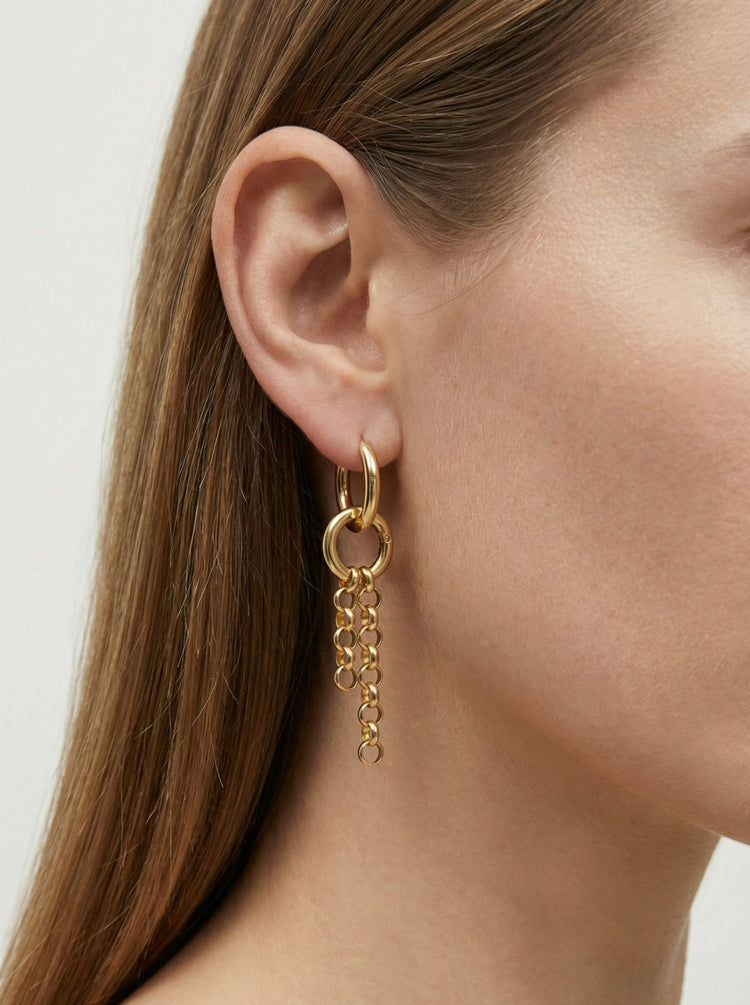 Gold chain hoop earrings minimal jewelry. Modern minimalist jewelry brand Made in Brooklyn New York by llayers.