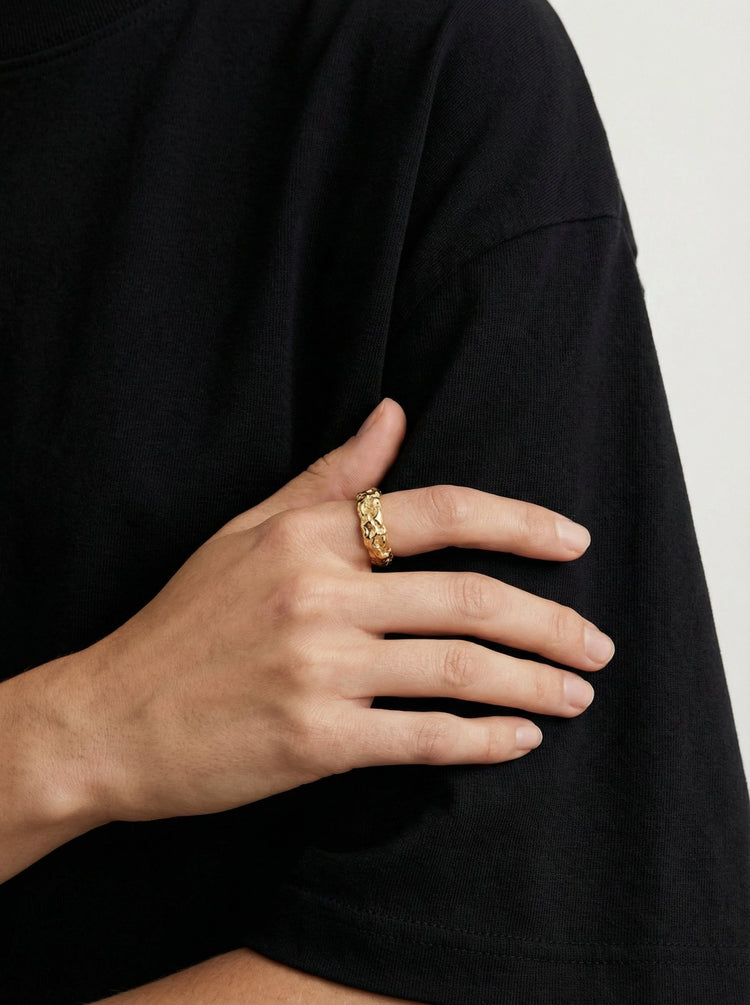 Women's Gold textured ring band. Modern minimalist jewelry made in Brooklyn New York by llayers.