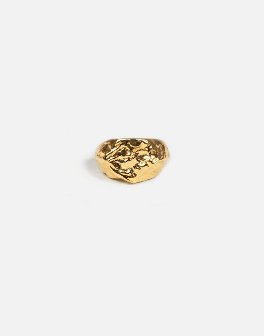 Gold hexagonal signet ring molten inspired texture. Made in New York by llayers.