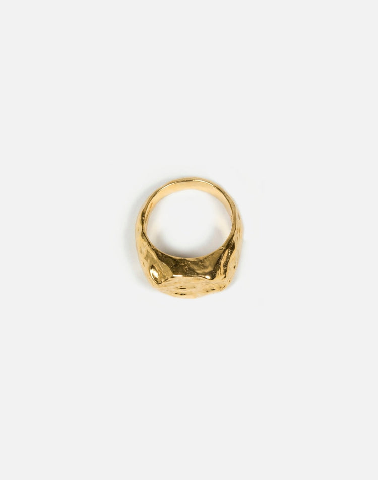 Gold hexagonal signet ring molten inspired texture. Made in New York by llayers.
