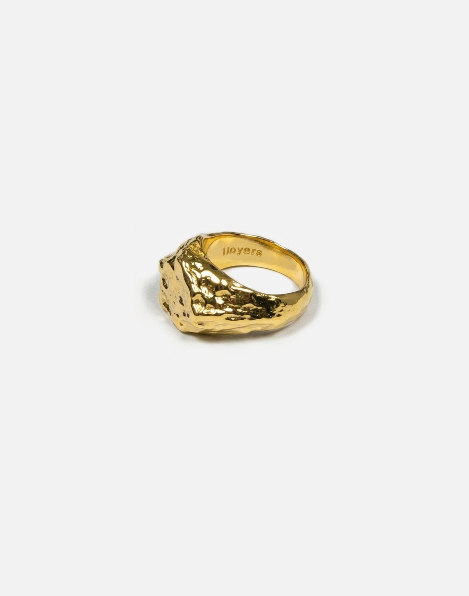 Gold hexagonal signet ring molten inspired texture. Made in New York by llayers.