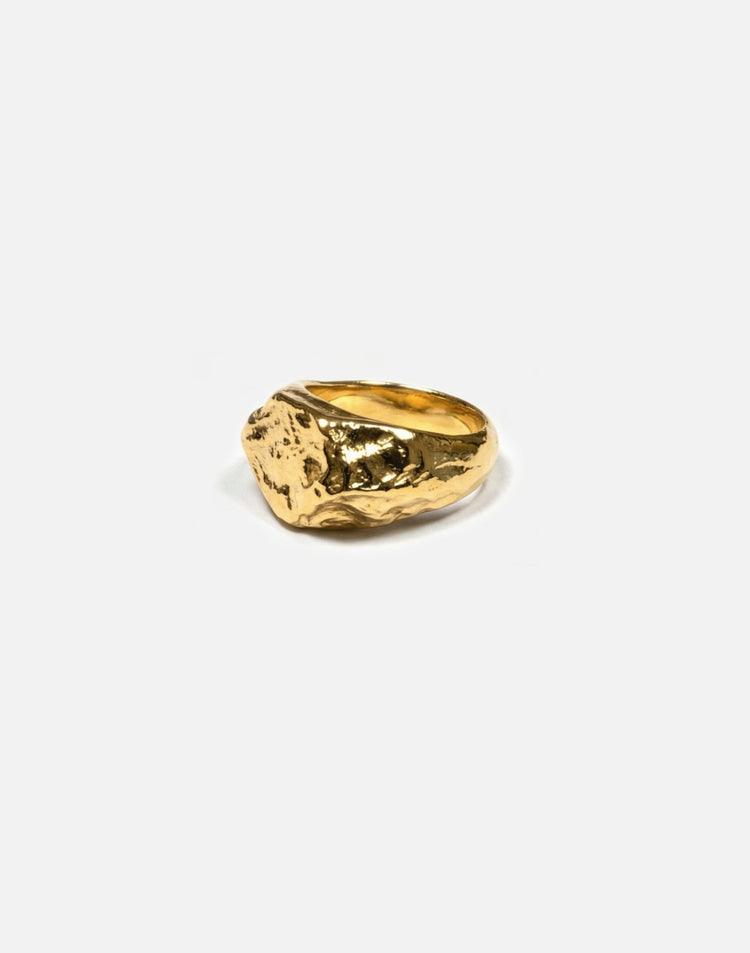 Gold signet ring molten inspired texture. Made in New York by llayers.