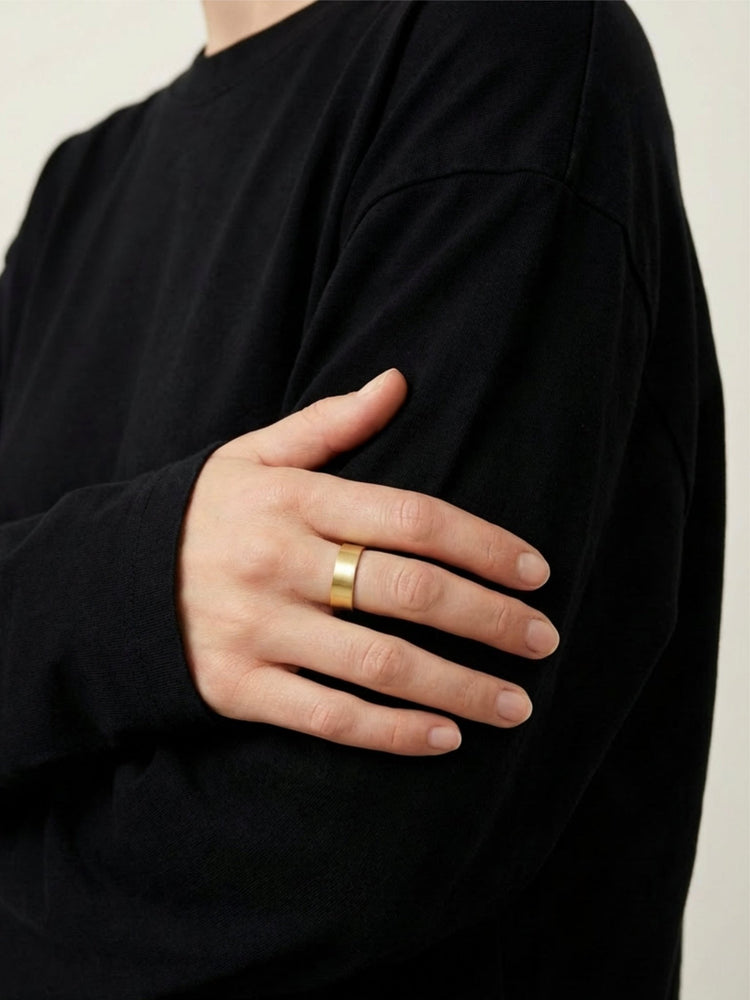 Gold round ring band. Modern minimalist jewelry men's and women's made in Brooklyn New York by llayers.