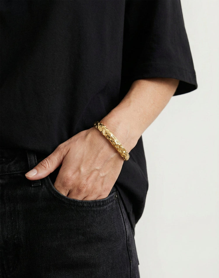 unisex gold brass sculptural molten cuff bracelet in New York