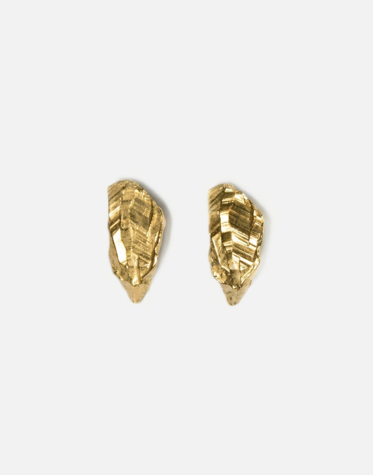 Designer gold plated sculptural stud earrings. Layered rock formations. Made in new york by llayers.